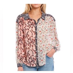 Free People Dani Mixed Print Paisley Semi Sheer Button Down Blouse Top Size M